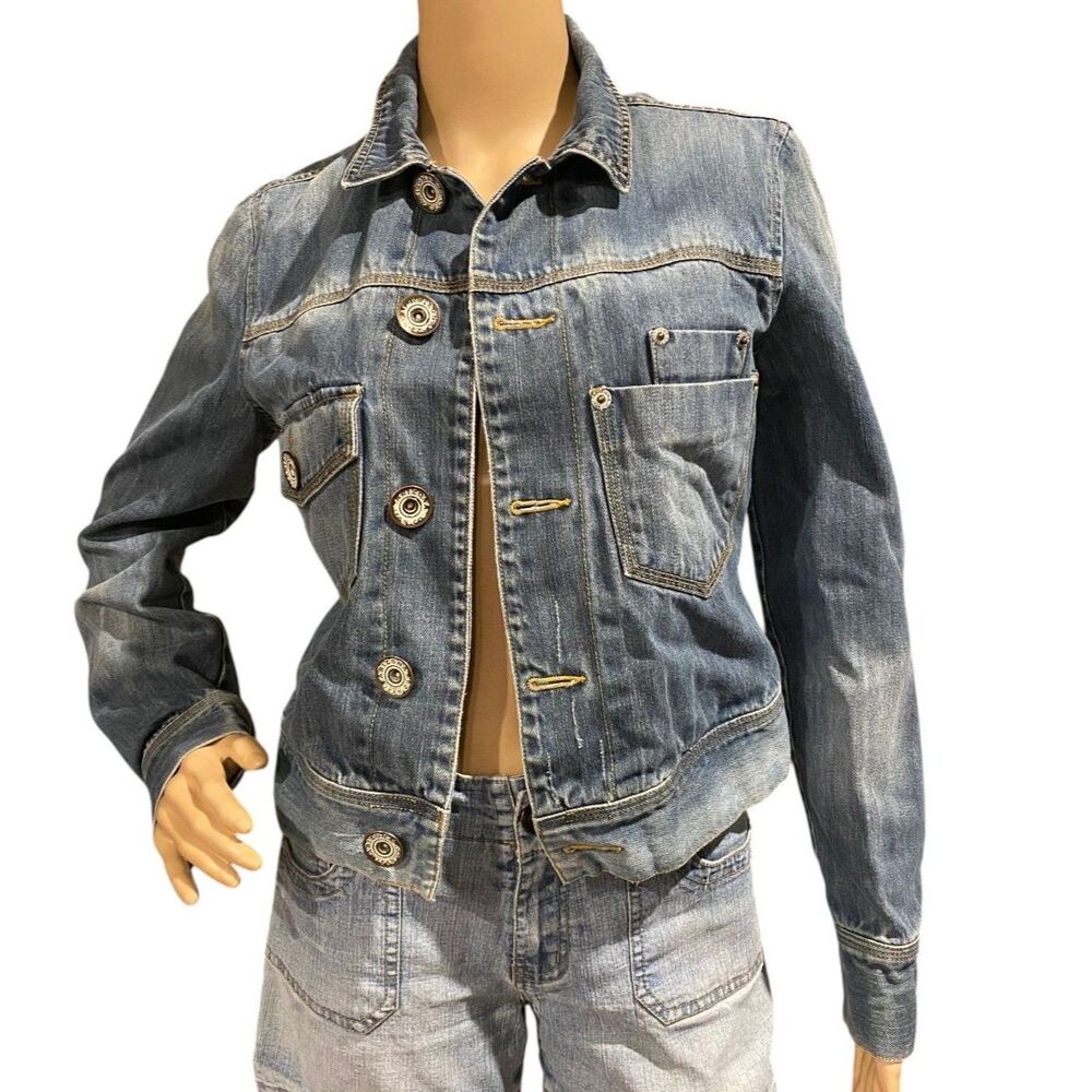 Vintage Arizona Jean Co Y2K Denim Jacket Love Not War Lining Juniors Sz M